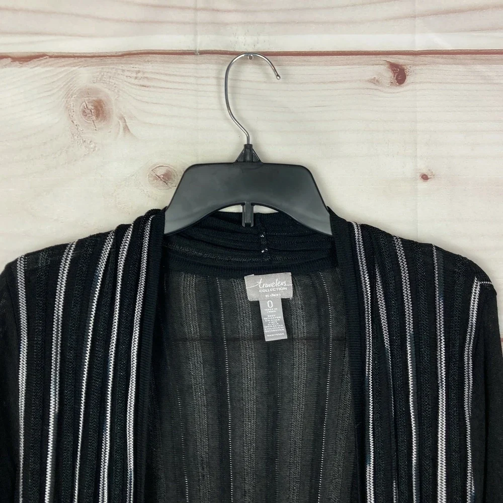 Chicos Travelers Cardigan Womens 0 S Black Stripe Open Front Sweater Long Sleeve